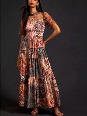 Geisha Designs Anthropologie‎ Patchwork Floral Maxi Dress Pink Multi Mesh Size 4